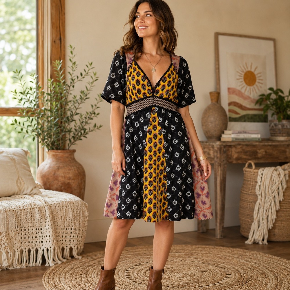 Moth Anthropologie Patchwork Sweater Dress Sz L Cottage Boho Indie Fall Folk